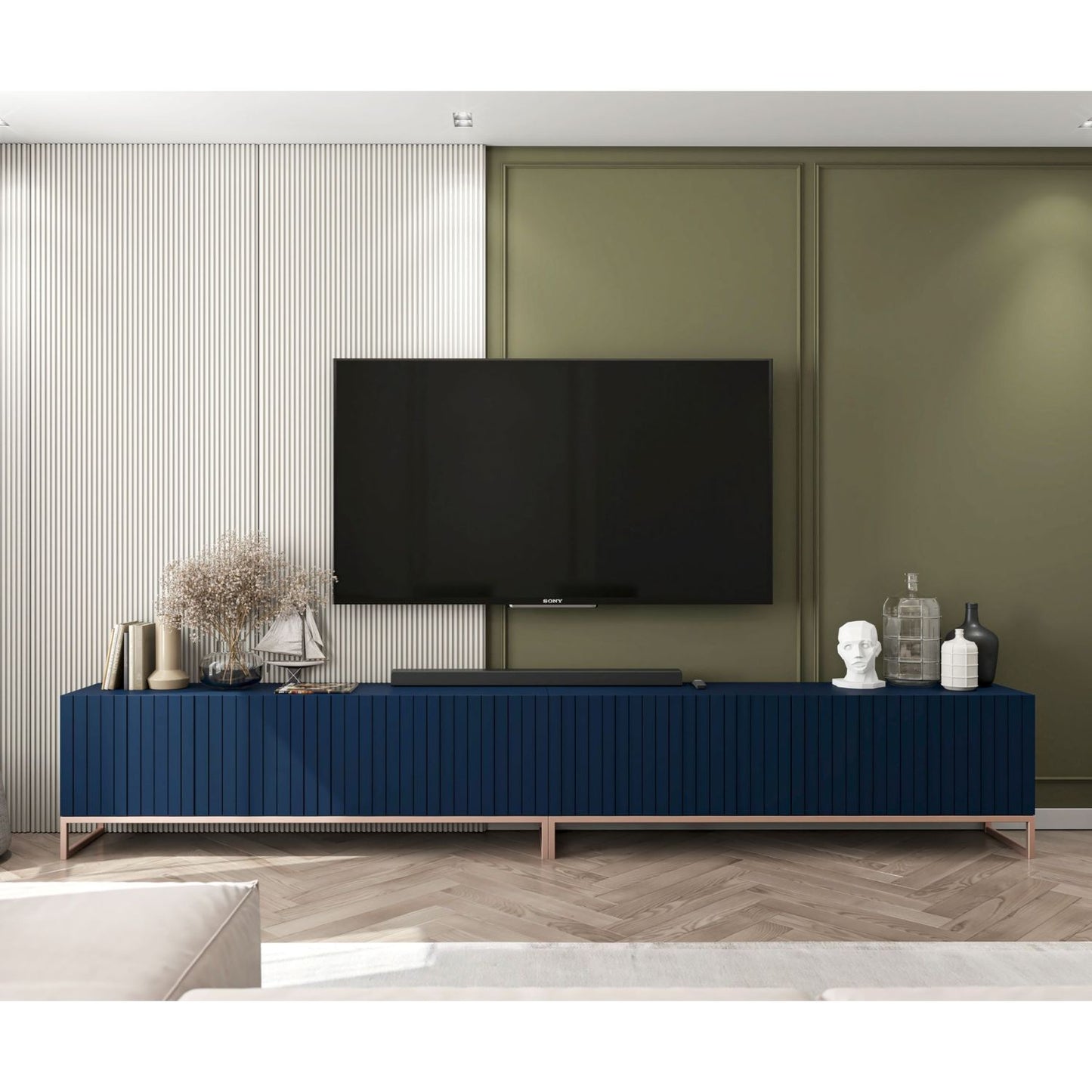 Elpis Glamour Standing TV Cabinet Media Unit with Storage Extra Long 8D 300cm - Navy Matt / Copper Frame