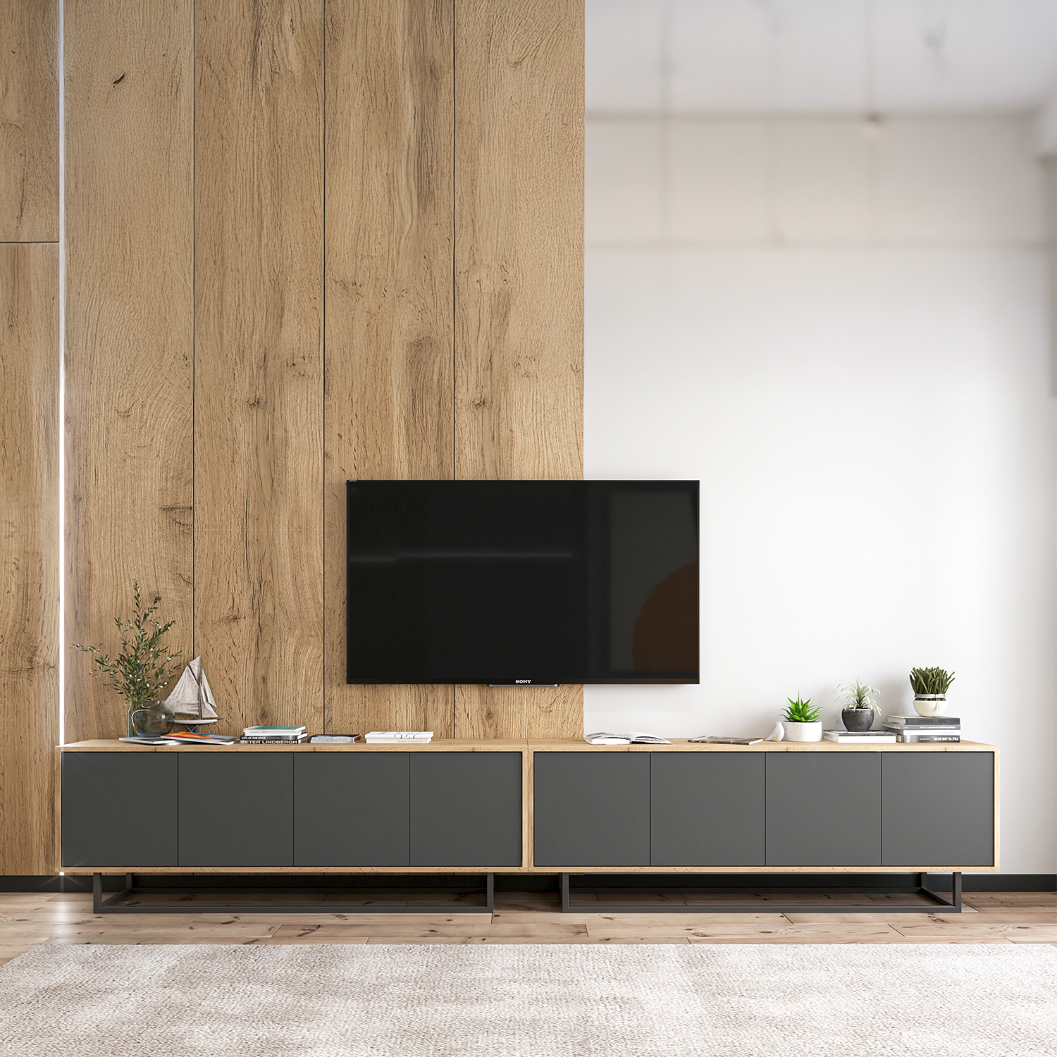 Apollo Modern TV Unit with Metal Base – Grey / Oak Wotan