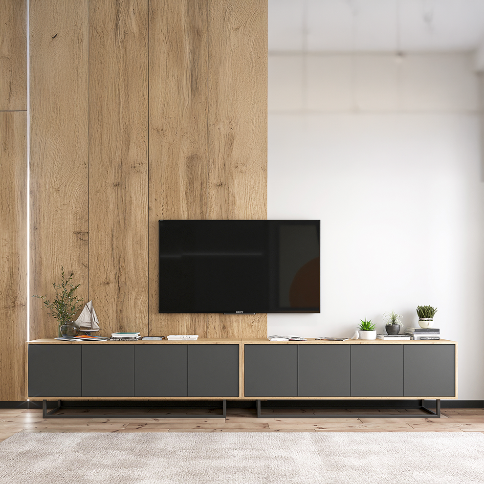 Apollo Modern TV Unit with Metal Base 300 cm – Grey / Oak Wotan – Heze ...