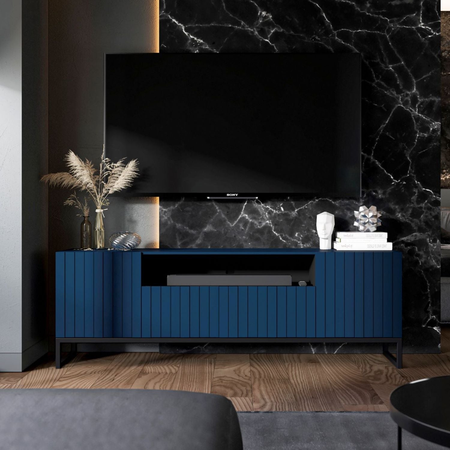Elpis Glamour Standing TV Cabinet Media Unit with Storage 2D1K 150cm - Navy Matt / Black Frame