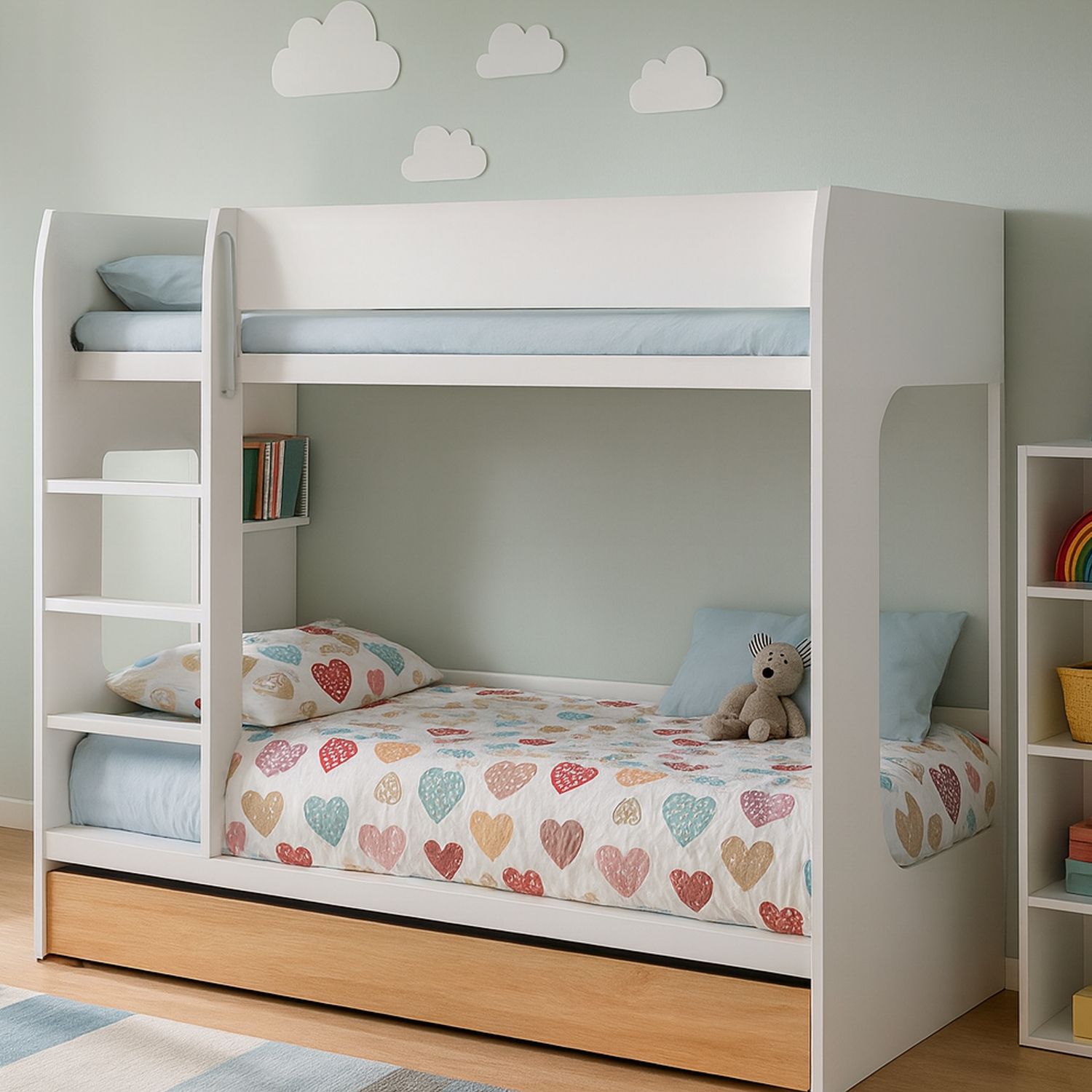 Nandu Modern Bunk Bed with Ladder and Storage - White Gloss