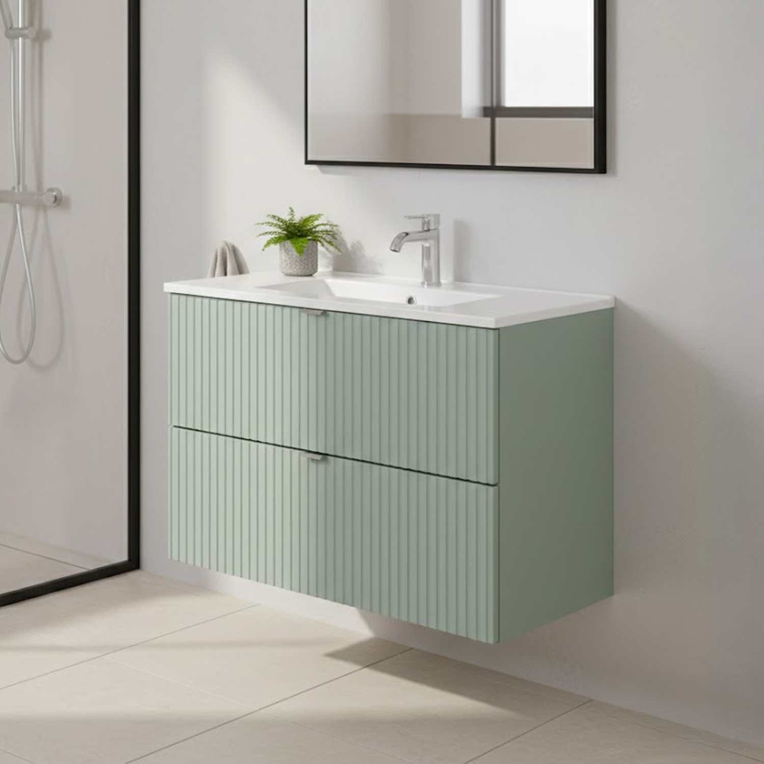 Line Reed 2 Drawer Bathroom Cabinet Vanity Unit 80cm with Built-In Basin - Sage