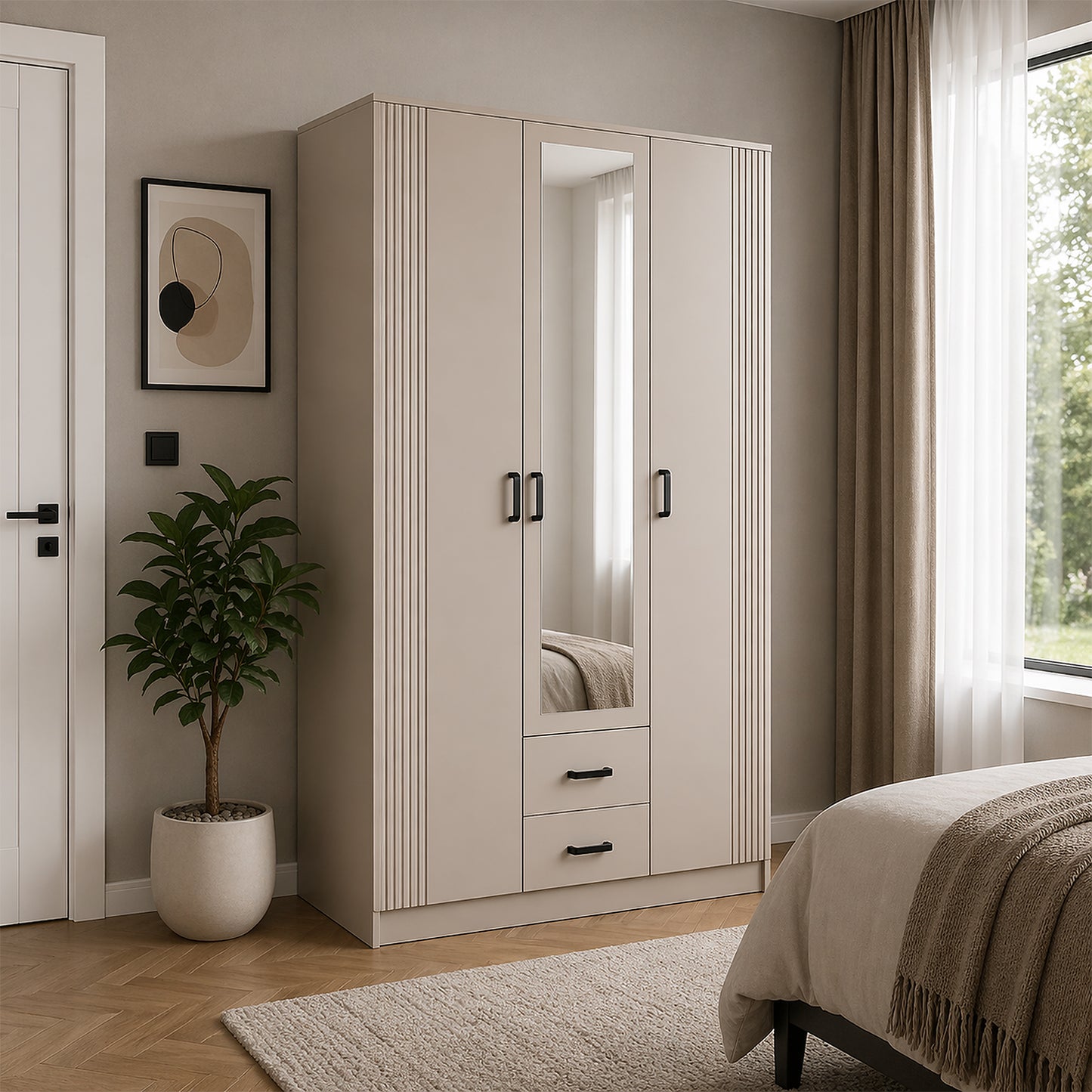 Luna 3 Door Fluted Style Mirrored Wardrobe with Drawers 120cm - Cashmere