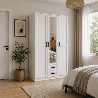 Klara 3 Door Shaker Style Mirrored Wardrobe with Drawers 120cm - White