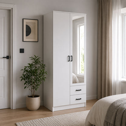 Tilly 2 Door Minimalist Style Mirrored Wardrobe with Drawers 80cm - White