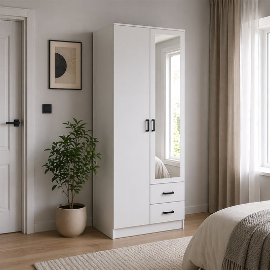 Tilly 2 Door Minimalist Style Mirrored Wardrobe with Drawers 80cm - White