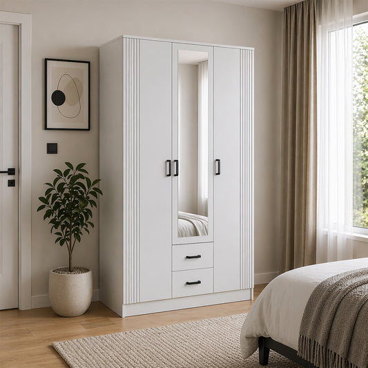 Luna 3 Door Fluted Style Mirrored Wardrobe with Drawers 120cm - White