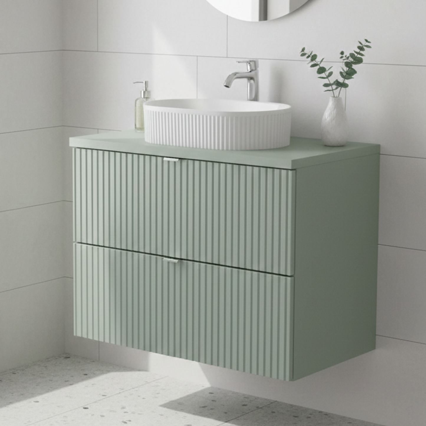 Line Reed 2 Drawer Bathroom Cabinet Vanity Unit 80cm with Worktop Basin - Sage